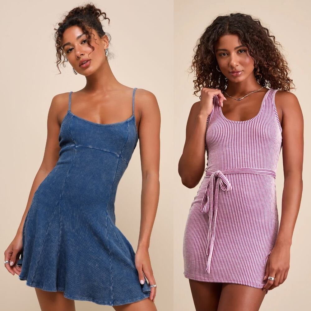 NWT Lulus Sleeveless Mini Dress Washed Blue Magenta Party Casual Bundle Size XS
